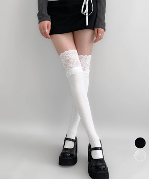 ニーハイソックス花柄レース切り替え靴下 送料無料 即日発送-0