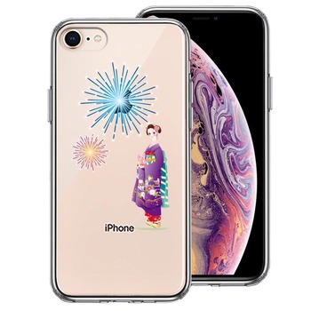 iPhone8 ケース クリア 花火と着物女性 スマホケース 側面ソフト 背面ハード ハイブリッド  送料無料-0