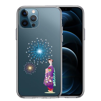 iPhone12Pro ケース クリア 花火と着物女性 スマホケース 側面ソフト 背面ハード ハイブリッド  送料無料-0