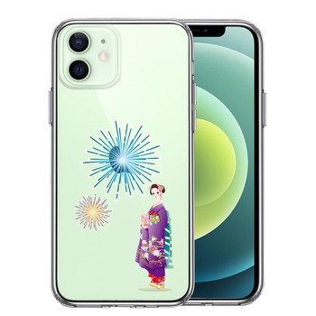 iPhone12 ケース クリア 花火と着物女性 スマホケース 側面ソフト 背面ハード ハイブリッド  送料無料-0