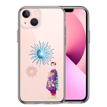iPhone13mini ケース クリア 花火と着物女性 スマホケース 側面ソフト 背面ハード ハイブリッド  送料無料-0
