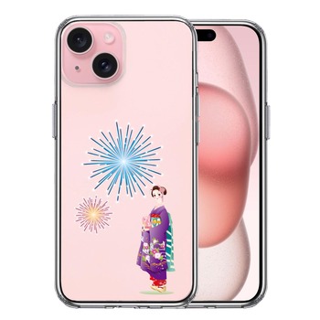 iPhone15 ケース クリア 花火と着物女性 スマホケース 側面ソフト 背面ハード ハイブリッド  送料無料-0