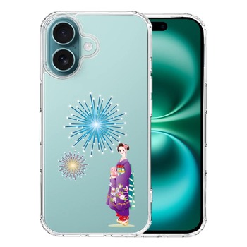 iPhone16 ケース クリア 花火と着物女性 スマホケース 側面ソフト 背面ハード ハイブリッド  送料無料-0