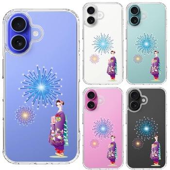 iPhone16 ケース クリア 花火と着物女性 スマホケース 側面ソフト 背面ハード ハイブリッド  送料無料-1