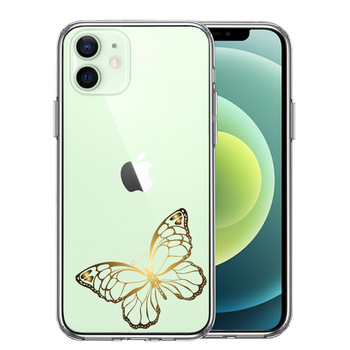 iPhone12mini ケース クリア 蝶 ちょうちょう バタフライ ゴールド スマホケース 側面ソフト 背面ハード ハイブリッド  送料無料-0