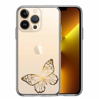 iPhone13Pro ケース クリア 蝶 ちょうちょう バタフライ ゴールド スマホケース 側面ソフト 背面ハード ハイブリッド  送料無料-0
