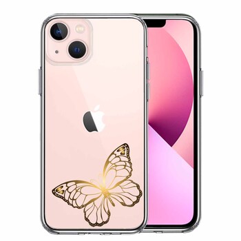 iPhone13 ケース クリア 蝶 ちょうちょう バタフライ ゴールド スマホケース 側面ソフト 背面ハード ハイブリッド  送料無料-0