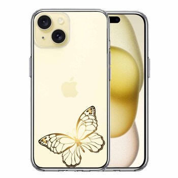 iPhone15Plus ケース クリア 蝶 ちょうちょう バタフライ ゴールド スマホケース 側面ソフト 背面ハード ハイブリッド  送料無料-0