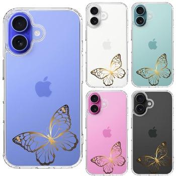iPhone16 ケース クリア 蝶 ちょうちょう バタフライ ゴールド スマホケース 側面ソフト 背面ハード ハイブリッド  送料無料-1