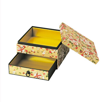 友禅 二段紙小箱 引出付 赤 金 インテリア 室内備品 日本製 送料無料-3