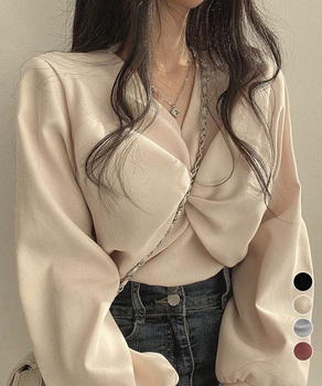 フロントねじり シャツブラウス Vネック 送料無料 即日発送-0