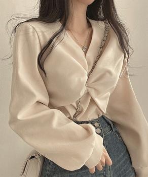 フロントねじり シャツブラウス Vネック 送料無料 即日発送-4