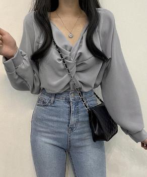 フロントねじり シャツブラウス Vネック 送料無料 即日発送-5