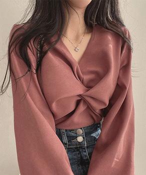 フロントねじり シャツブラウス Vネック 送料無料 即日発送-6