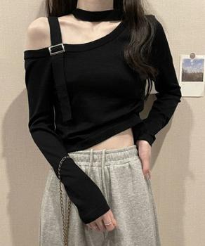 チョーカー風 無地 薄手 肩出しトップス 送料無料 即日発送-2