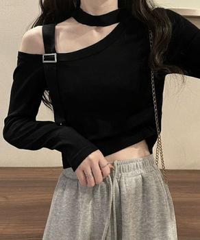 チョーカー風 無地 薄手 肩出しトップス 送料無料 即日発送-3