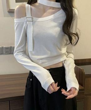 チョーカー風 無地 薄手 肩出しトップス 送料無料 即日発送-4