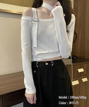 チョーカー風 無地 薄手 肩出しトップス 送料無料 即日発送-6