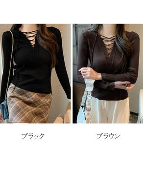 Vネックレースアップ 薄手長袖 トップス 送料無料 即日発送-1