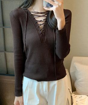 Vネックレースアップ 薄手長袖 トップス 送料無料 即日発送-4