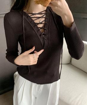 Vネックレースアップ 薄手長袖 トップス 送料無料 即日発送-5