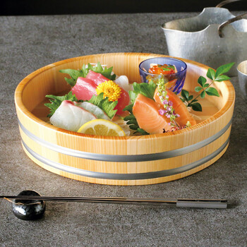 和食器 椹 浅型盛桶 ステンレスタガ 溝切加工付 9寸 日本製 送料無料-5