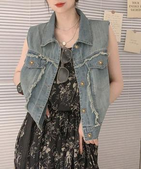 フリンジデニムベスト 襟付き デニムジレ 送料無料 即日発送-2