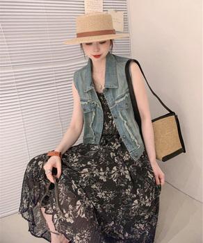 フリンジデニムベスト 襟付き デニムジレ 送料無料 即日発送-4