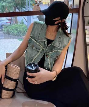 フリンジデニムベスト 襟付き デニムジレ 送料無料 即日発送-7