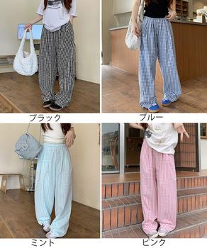 チェック柄ワイドパンツ ハイウエスト薄手 送料無料 即日発送-1
