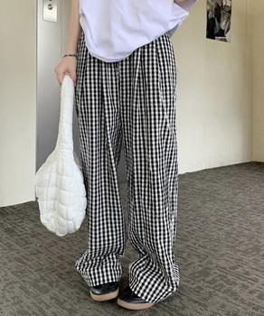 チェック柄ワイドパンツ ハイウエスト薄手 送料無料 即日発送-2