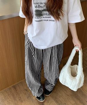 チェック柄ワイドパンツ ハイウエスト薄手 送料無料 即日発送-3