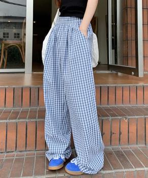 チェック柄ワイドパンツ ハイウエスト薄手 送料無料 即日発送-4