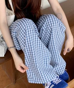 チェック柄ワイドパンツ ハイウエスト薄手 送料無料 即日発送-5