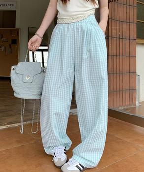 チェック柄ワイドパンツ ハイウエスト薄手 送料無料 即日発送-6