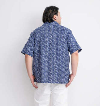 大きいサイズ H by FIGER 裏使い総柄プリントオープン半袖シャツ 3L 4L 5L 6L ネイビー ラッピング可 送料無料 即日発送-1