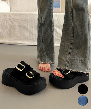 ダブルバックルサンダルデニム厚底サンダル 送料無料 即日発送-0