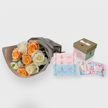 フリルブーケ８本ホワイトオレンジ＆ニナスシークレットガーデンティータイム６個入 メッセージカード付 ラッピング済 送料無料-2