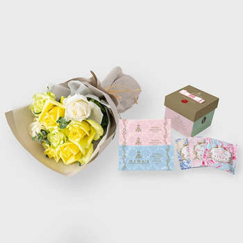 フリルブーケ８本白黄緑系＆ニナスシークレットガーデンティータイム６個入 メッセージカード付 ラッピング済 送料無料-2