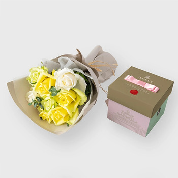 フリルブーケ８本白黄緑系＆ニナスシークレットガーデンティータイム６個入 メッセージカード付 ラッピング済 送料無料-3