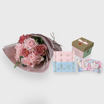 フリルブーケ８本ニュアンスピンク＆ニナスシークレットガーデンティータイム６個入 メッセージカード付 ラッピング済 送料無料-2