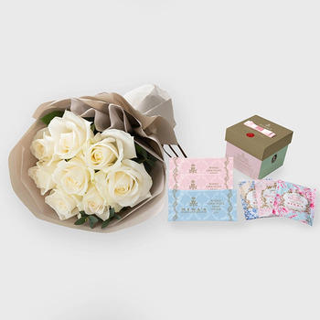 フリルブーケ８本ピュア＆ニナスシークレットガーデンティータイム６個入 メッセージカード付 ラッピング済 送料無料-1