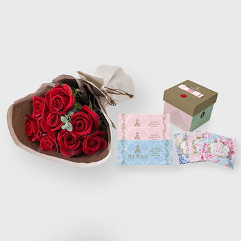 フリルブーケ８本ルージュ＆ニナスシークレットガーデンティータイム６個入 メッセージカード付 ラッピング済 送料無料-1