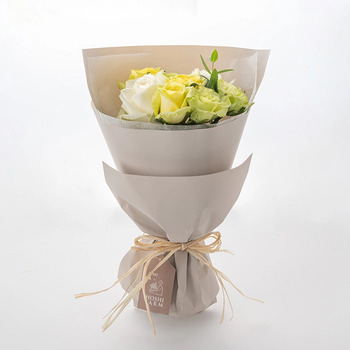 ホシファーム フリルブーケホワイトイエローグリーン８本＆フィナンシェ ティー７個入 メッセージカード付 ラッピング済 送料無料-6