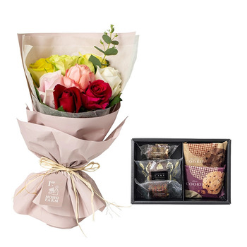 ホシファームフリルブーケカラフル８本＆ホテルオークラスイーツアソート５個入 メッセージカード付 ラッピング済 送料無料-3