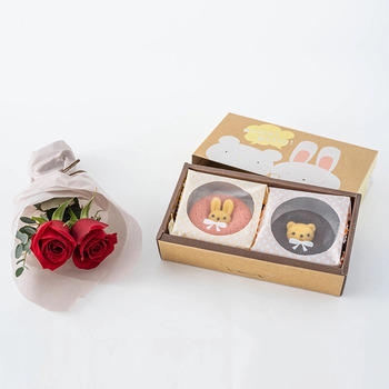 ホシファーム 薔薇のミニブーケ ルージュ２本＆アニマルドーナツ２個入 メッセージカード付 ラッピング済 送料無料-5