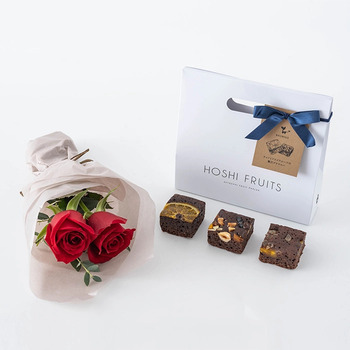 ホシファーム 薔薇のミニブーケ ルージュ２本＆ホシフルーツ贅沢ブラウニー３個入 メッセージカード付 ラッピング済 送料無料-2