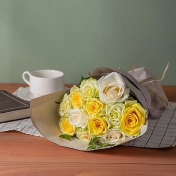 ホシファーム フリルブーケ ホワイトイエロー グリーン１２本 メッセージカード付 ラッピング済 送料無料-1