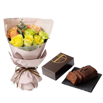 ホシファーム フリルブーケ パッション８本＆銀座千疋屋 銀座チョコパウンドケーキ メッセージカード付 ラッピング済 送料無料-1