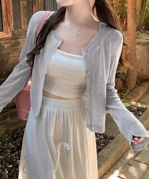 透かし編みニットカーディガンクロップド丈 送料無料 即日発送-3